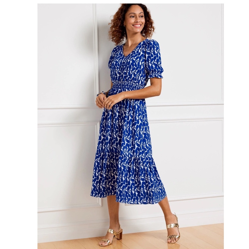 Talbots Blue White Seahorse Paisley Smocked Waist Midi Dress Size 8 Short Sleeve
